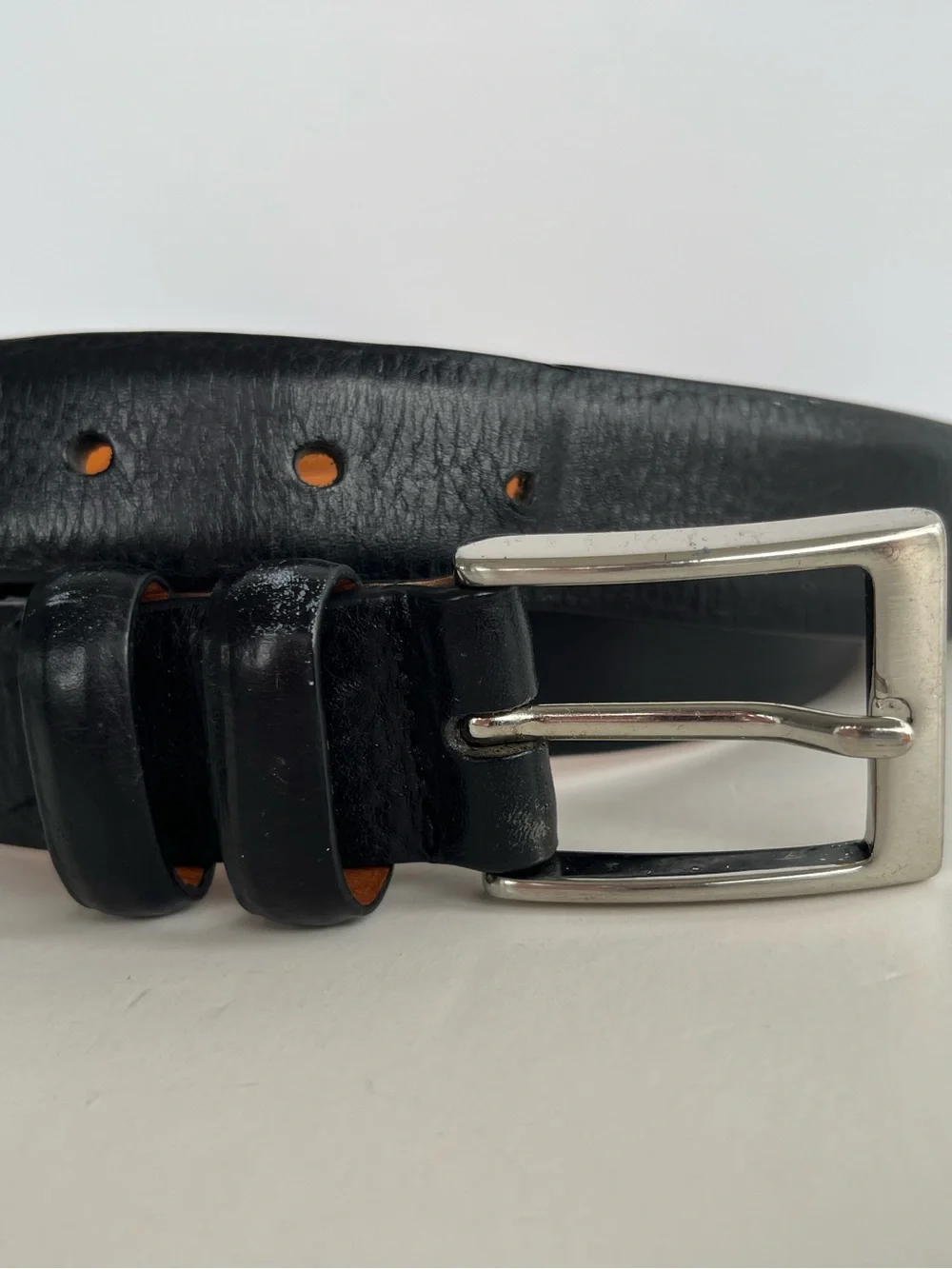 Lands End Classic Black Leather Belt with Soild Brass Buckle- Size 42